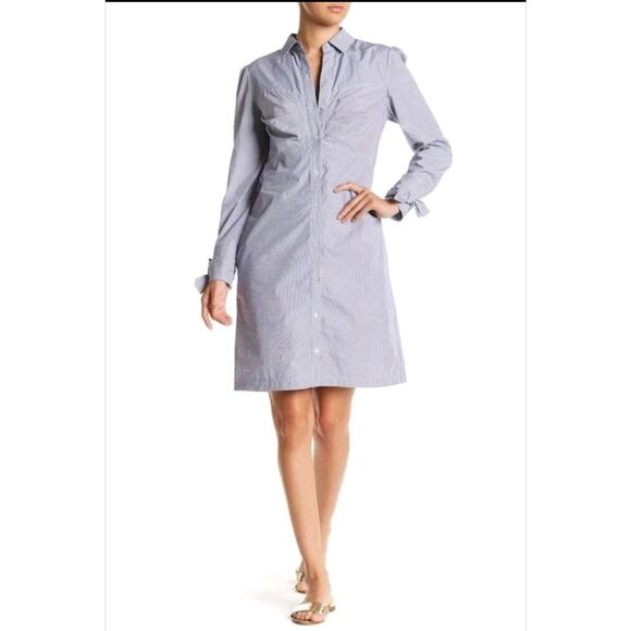 ECI Bow Cuff Railroad Stripe Cotton Shirt Dress Button Front Long Sleeves Sz 14 - Picture 1 of 11